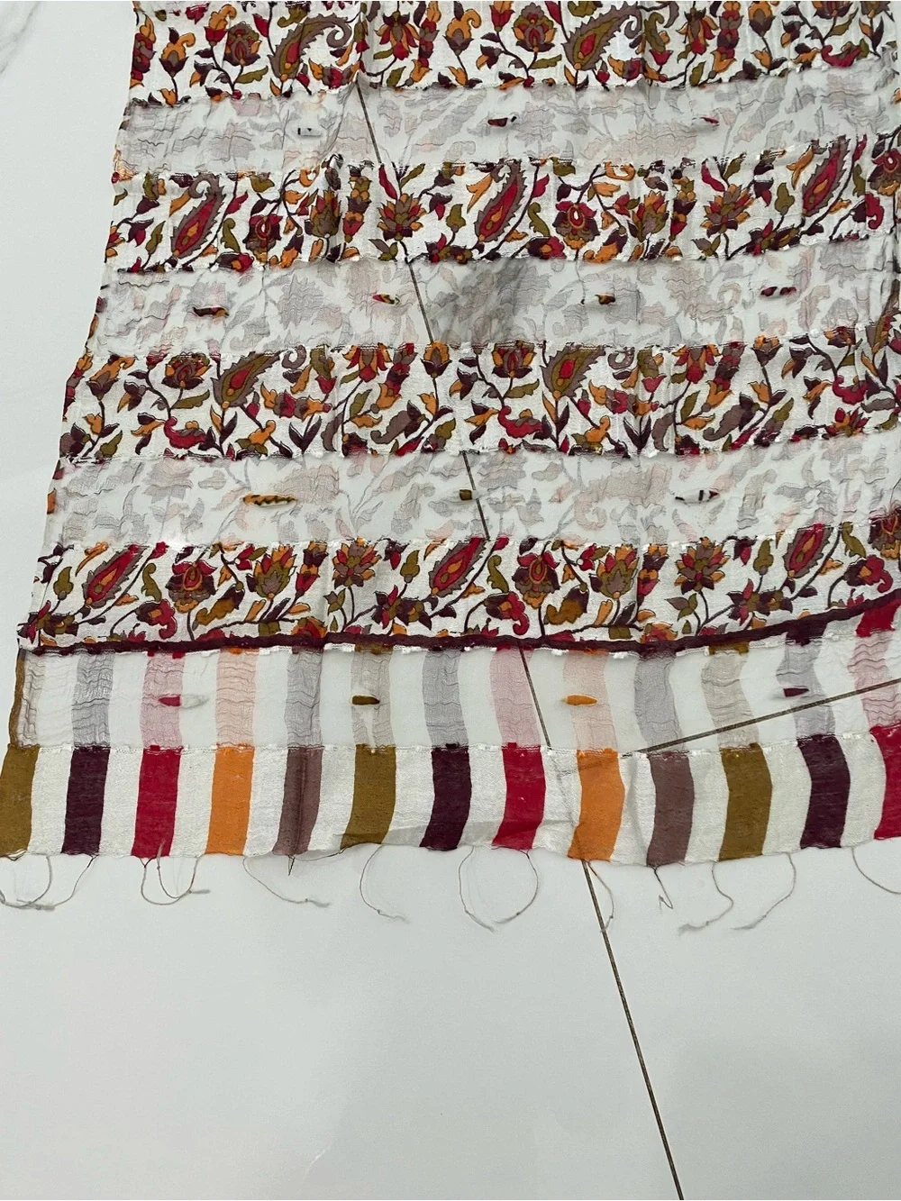Floral Printed Lightweight Scarf in White, Gray, Red & Gold